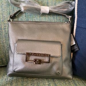 Tahari pewter/silver pebbled cross body bag